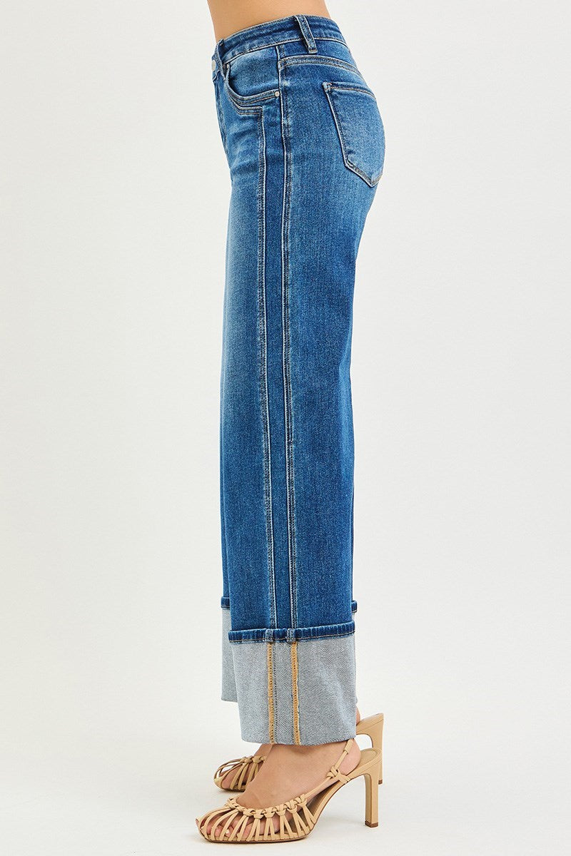 Ladies High Rise Wide Leg Cuffed Jeans with Double Front Pocket Detail-Dark