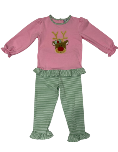 Girls Reindeer Applique Ruffle Pant Set by Three Sisters