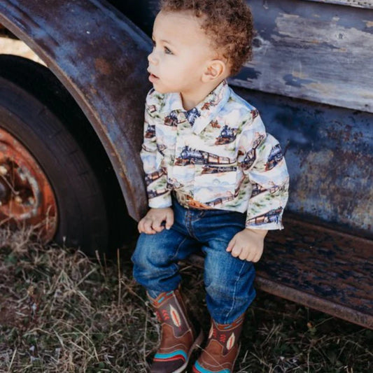 Boys Western Train L/S Pearl Snap Onesie or Shirt by Shea Baby