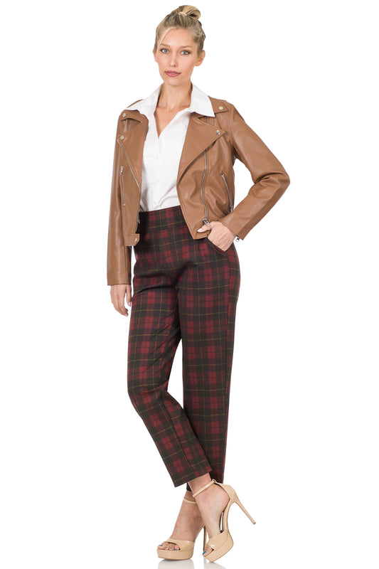 Ladies Zenana Plaid Pull-On Stretch Dress Pants-Burgundy