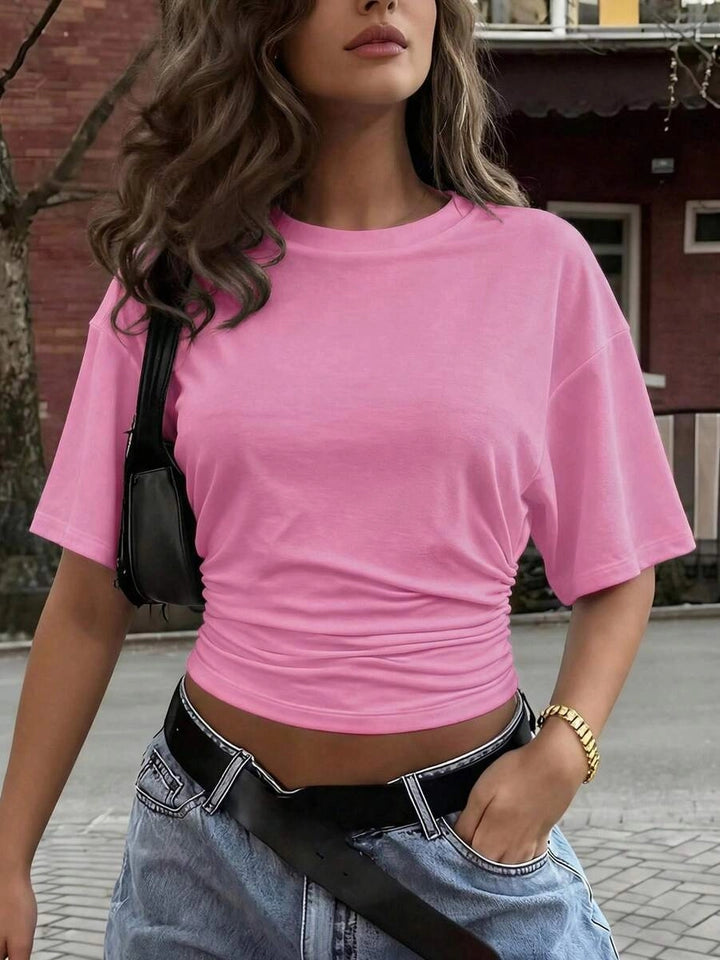 Ladies Solid Color Round Neck Waist Slimming T-Shirt-Pink