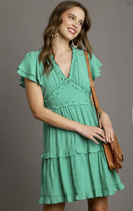 Ladies Short Sleeved V-Neck Ruffle Detailed Dress by Umgee - Emerald