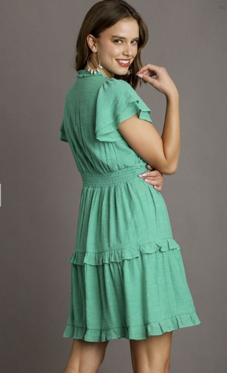 Ladies Short Sleeved V-Neck Ruffle Detailed Dress by Umgee - Emerald