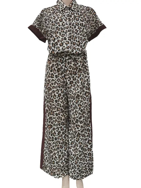 Ladies Casual Leopard Print Contrast Pants Set-Brown