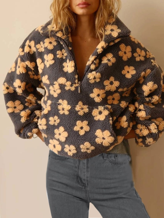 Ladies Floral Sherpa Fleece Quarter Zip Oversized Sweatshirt Jacket-Grey