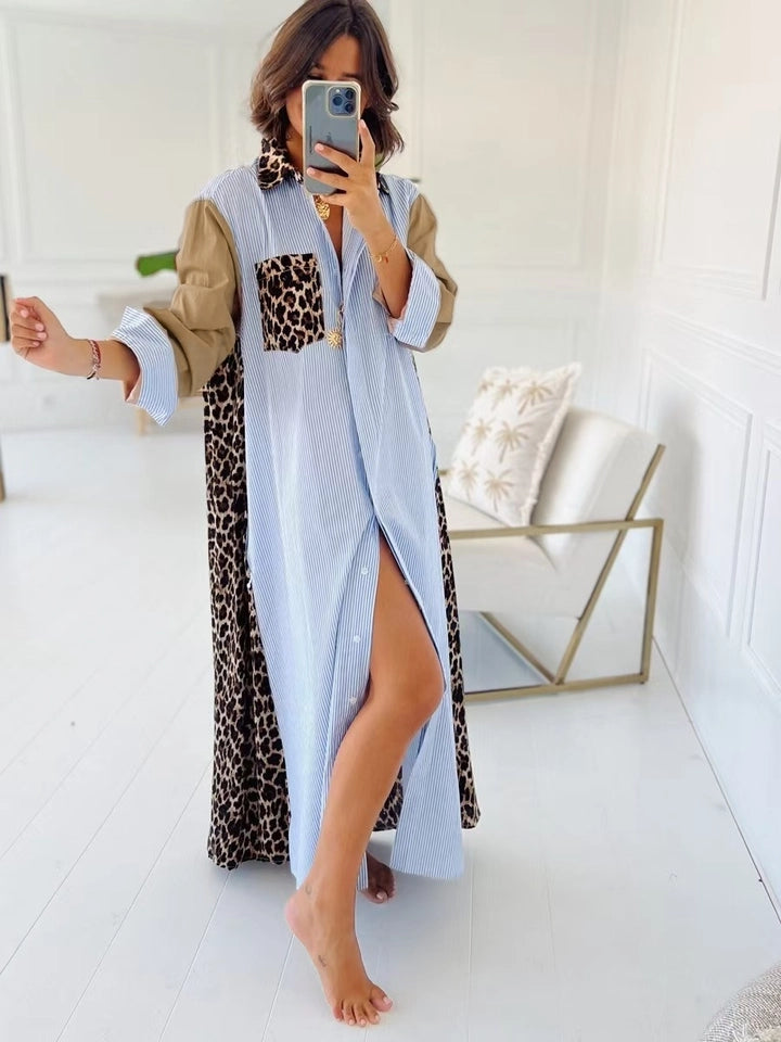 Ladies Casual Leopard Striped Patchwork Maxi Shirt Dress-Blue