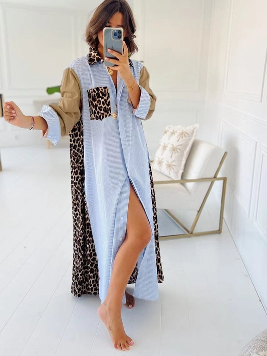 Ladies Casual Leopard Striped Patchwork Maxi Shirt Dress-Blue