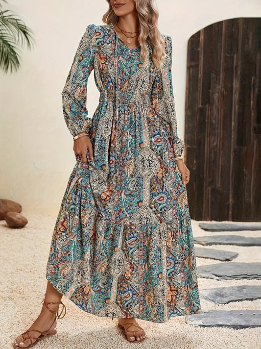 Ladies Print Tie-Up Long-Sleeved Dress-Blue