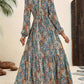 Ladies Print Tie-Up Long-Sleeved Dress-Blue