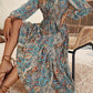 Ladies Print Tie-Up Long-Sleeved Dress-Blue