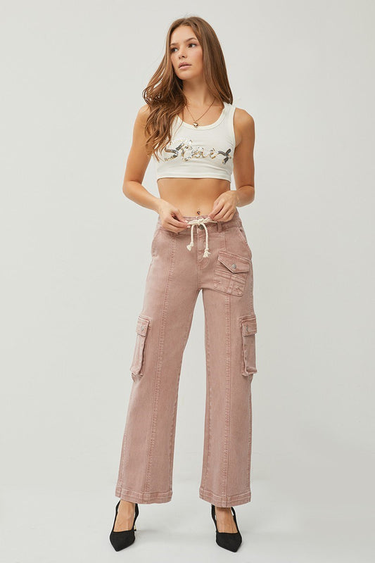 Ladies High Rise Cargo Straight Pants by Risen Jeans-Mauve