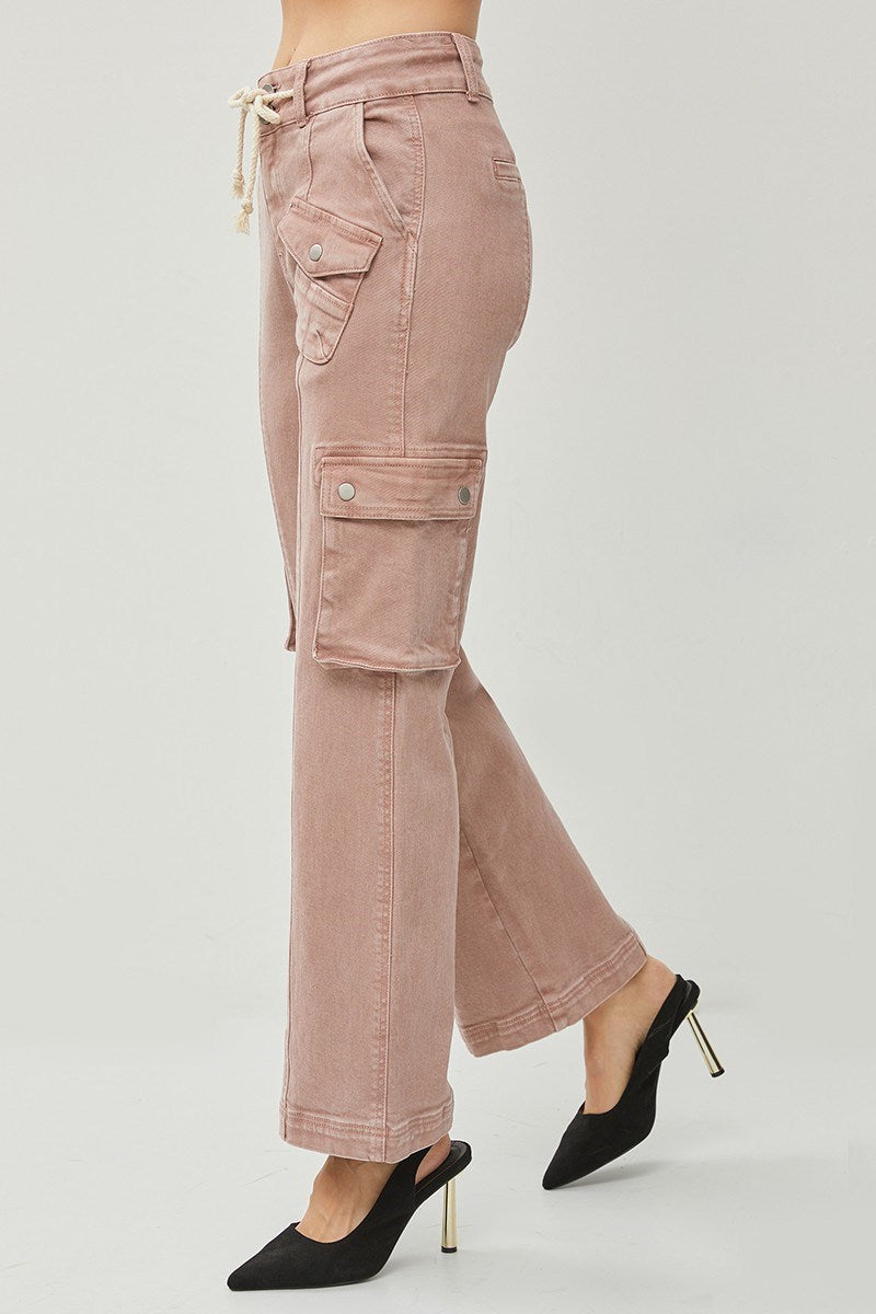 Ladies High Rise Cargo Straight Pants by Risen Jeans-Mauve