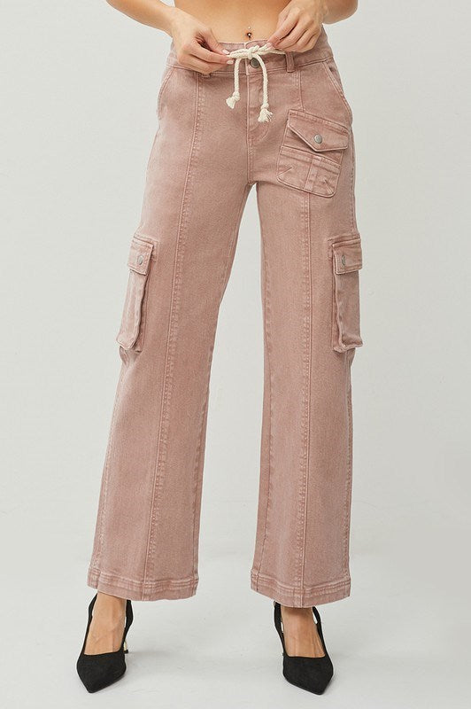 Ladies High Rise Cargo Straight Pants by Risen Jeans-Mauve