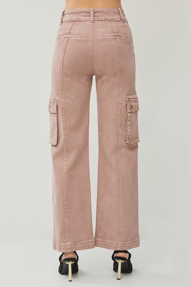Ladies High Rise Cargo Straight Pants by Risen Jeans-Mauve