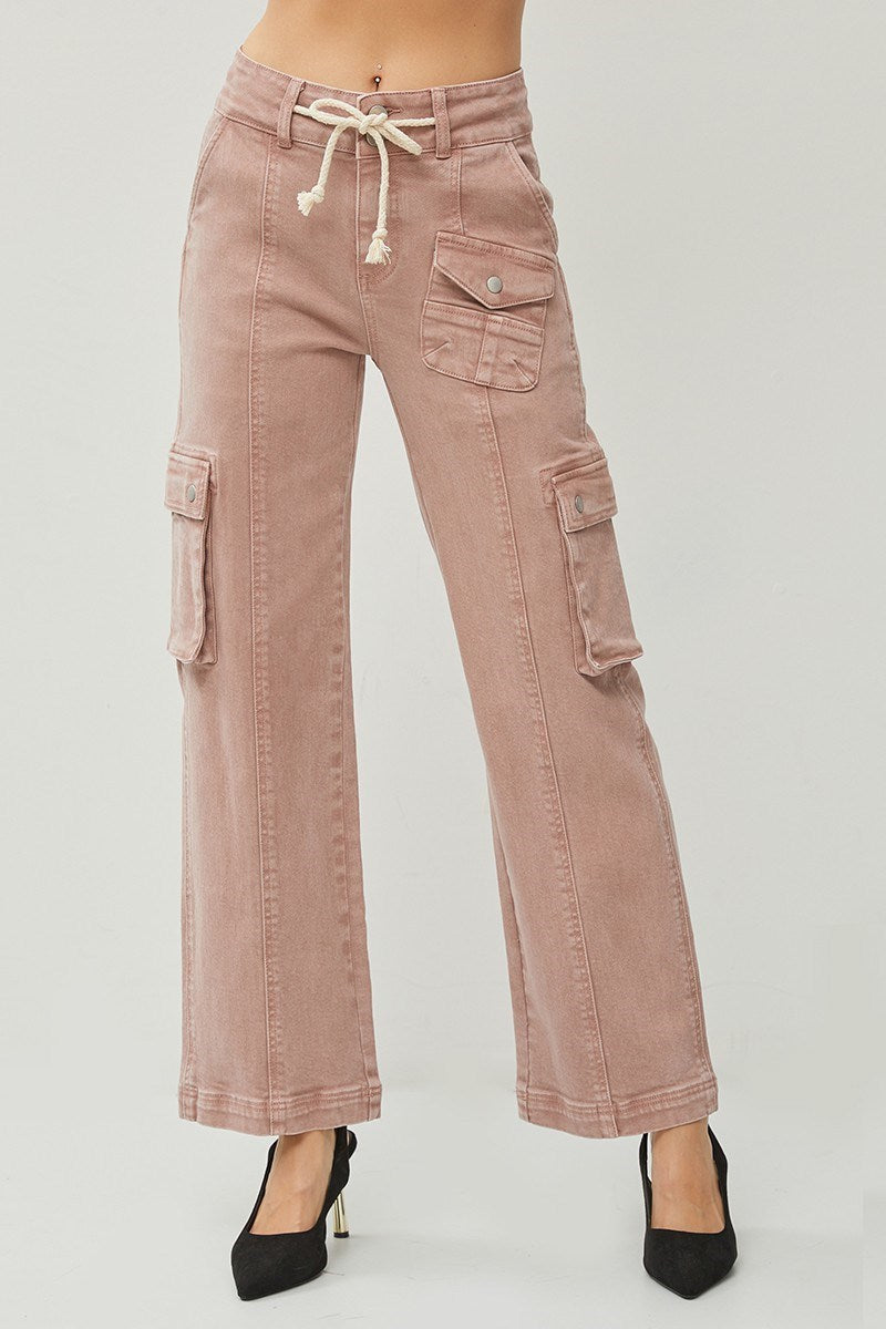 Ladies High Rise Cargo Straight Pants by Risen Jeans-Mauve