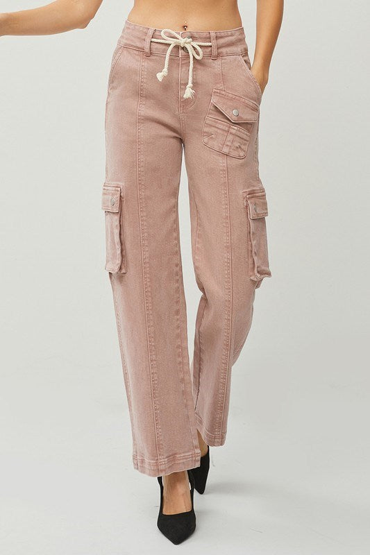 Ladies High Rise Cargo Straight Pants by Risen Jeans-Mauve