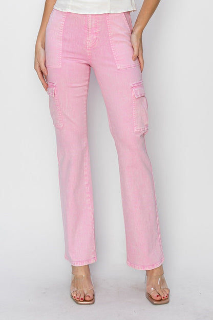 Ladies High Rise Straight Pants by Risen Jeans-Acid Pink