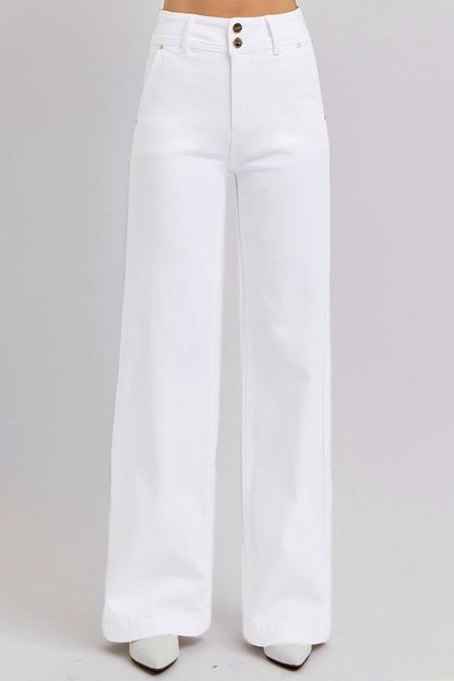 Ladies Tummy Control High Rise Wide Leg Double Button Jeans by Risen Jeans-White