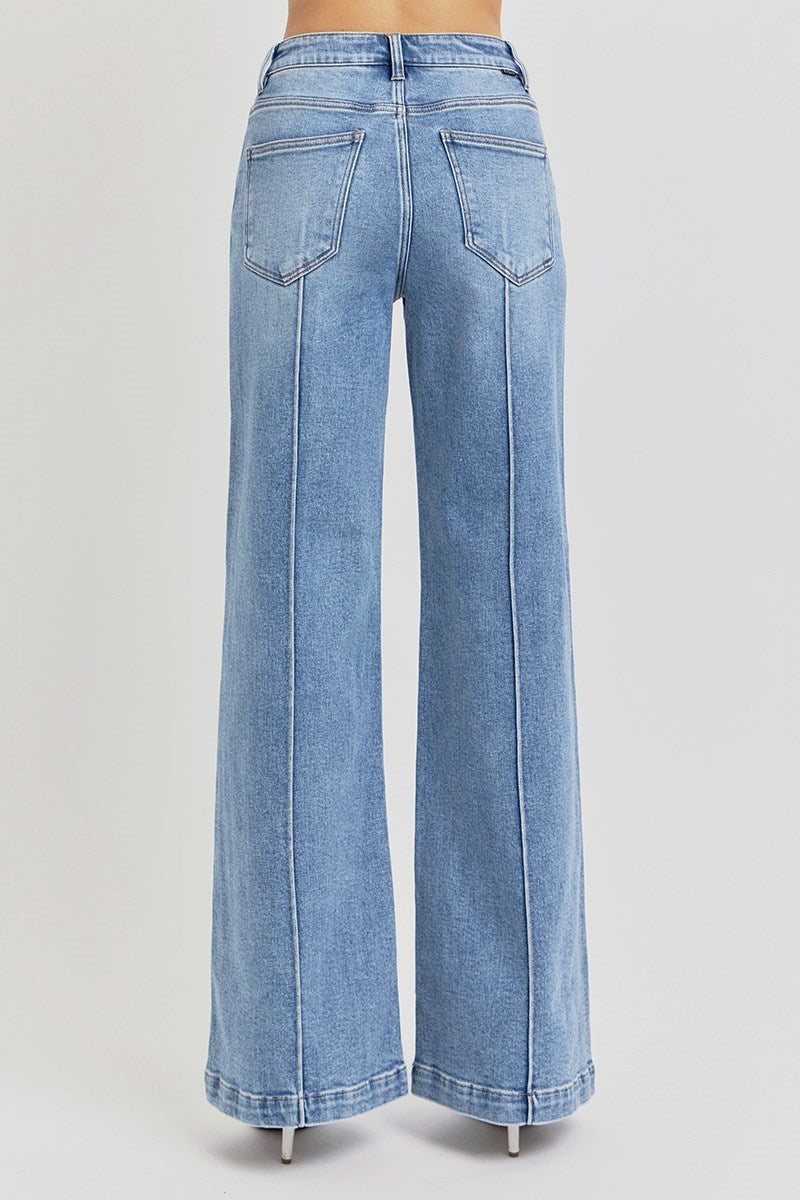 Ladies High Waist Wide Leg Pintuck Jeans by Risen Jeans-Medium