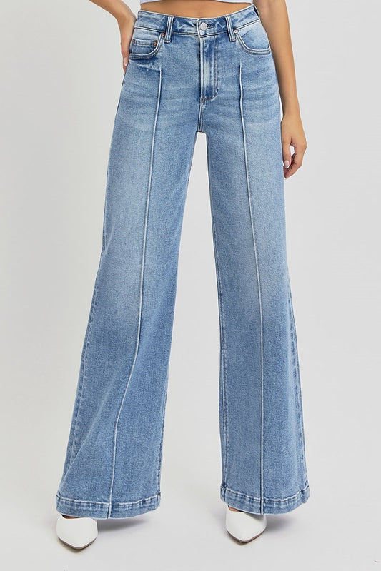Ladies High Waist Wide Leg Pintuck Jeans by Risen Jeans-Medium