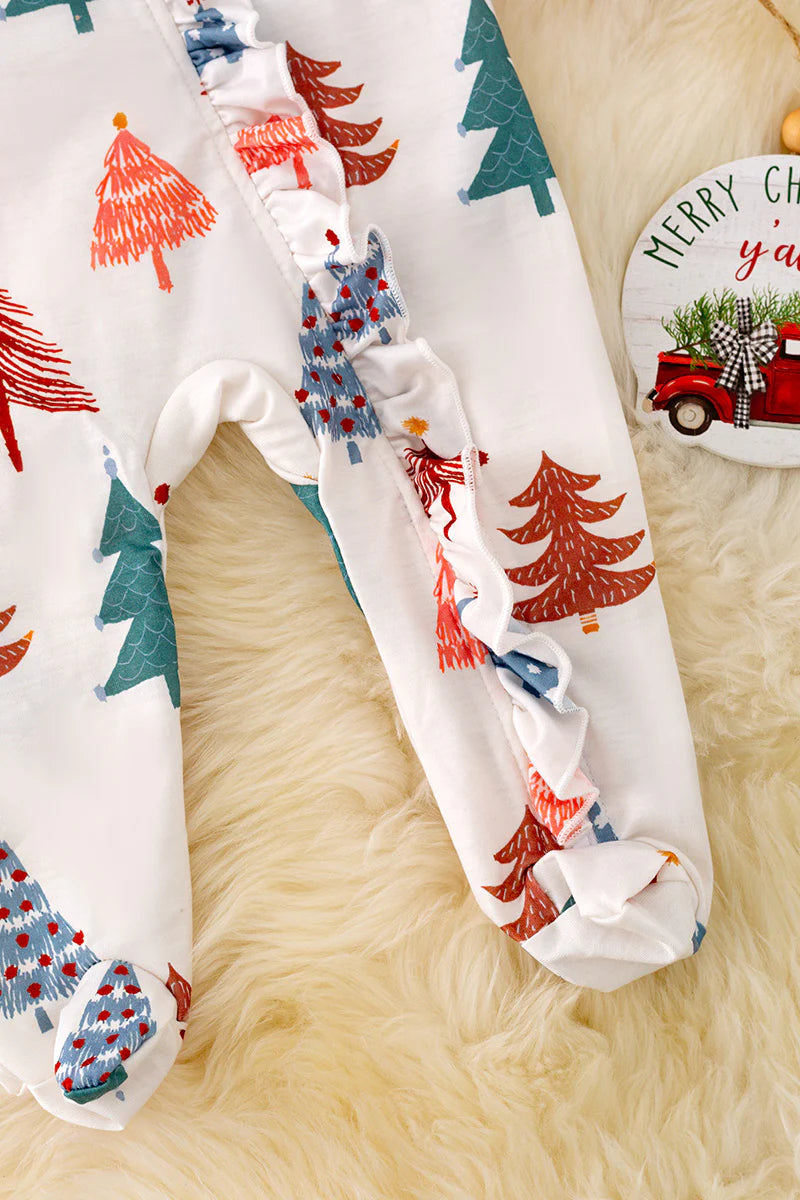 Baby Girls Christmas Tree Printed Onesie With Ruffle