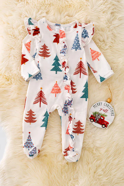 Baby Girls Christmas Tree Printed Onesie With Ruffle