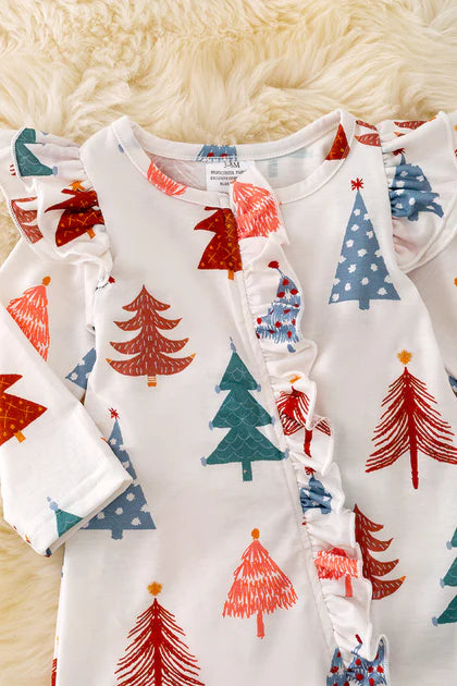 Baby Girls Christmas Tree Printed Onesie With Ruffle