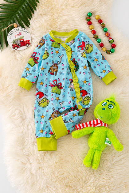Baby Girls Grinch Christmas Onesie With Ruffle Trim-Blue