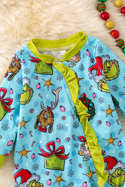 Baby Girls Grinch Christmas Onesie With Ruffle Trim-Blue