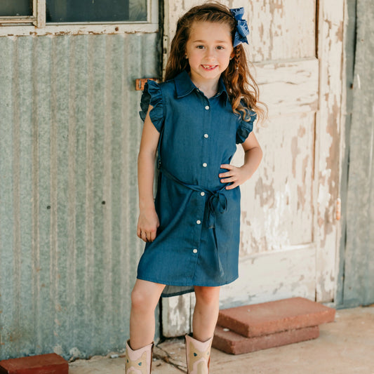 Girls Denim Aztec Short Sleeved Pearl Snap Dress by Shea Baby