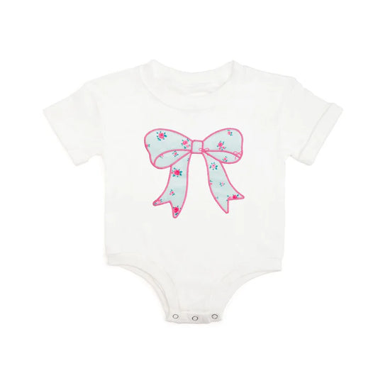 Girls Sky Blue Floral Bow Patch Romper by Sweet Wink