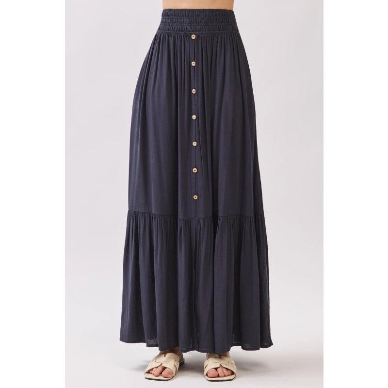 Ladies Ruffled Smocked Waist Tiered Maxi Skirt-Midnight