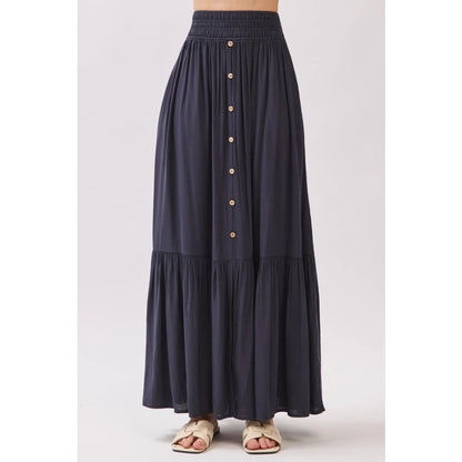 Ladies Ruffled Smocked Waist Tiered Maxi Skirt-Midnight