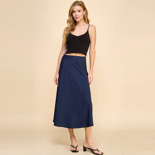 Ladies Satin Midi Skirt-Navy