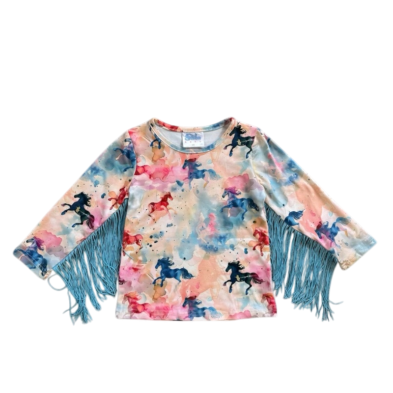 Girls Watercolor Horse L/S Fringe Onesie or Shirt by Shea Baby