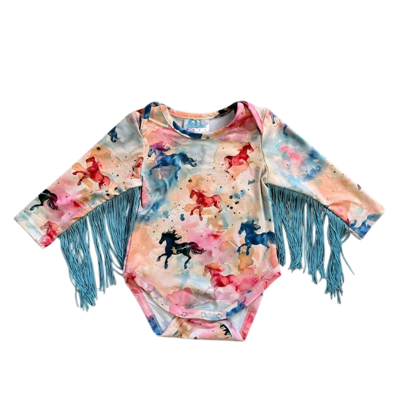 Girls Watercolor Horse L/S Fringe Onesie or Shirt by Shea Baby