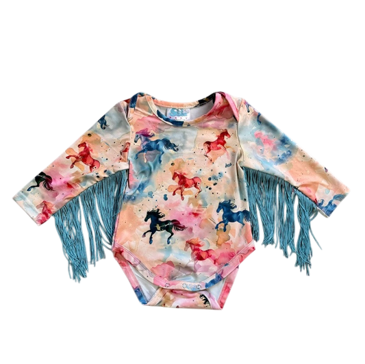 Girls Watercolor Horse L/S Fringe Onesie or Shirt by Shea Baby
