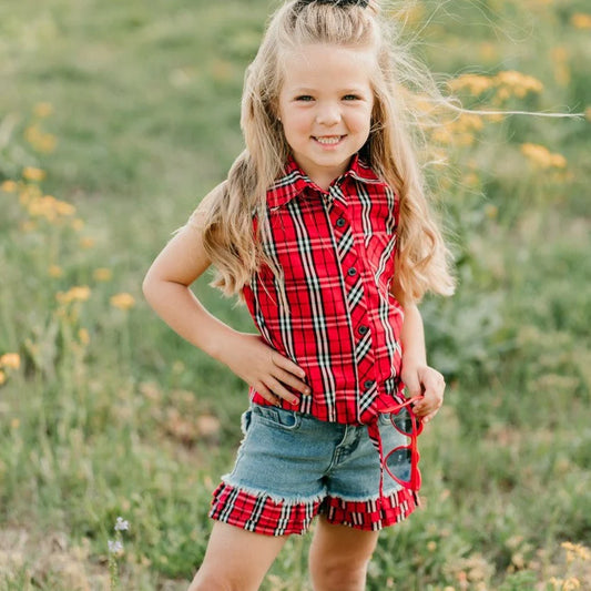 Denim Shorts w/ Plaid Ruffle by Shea Baby