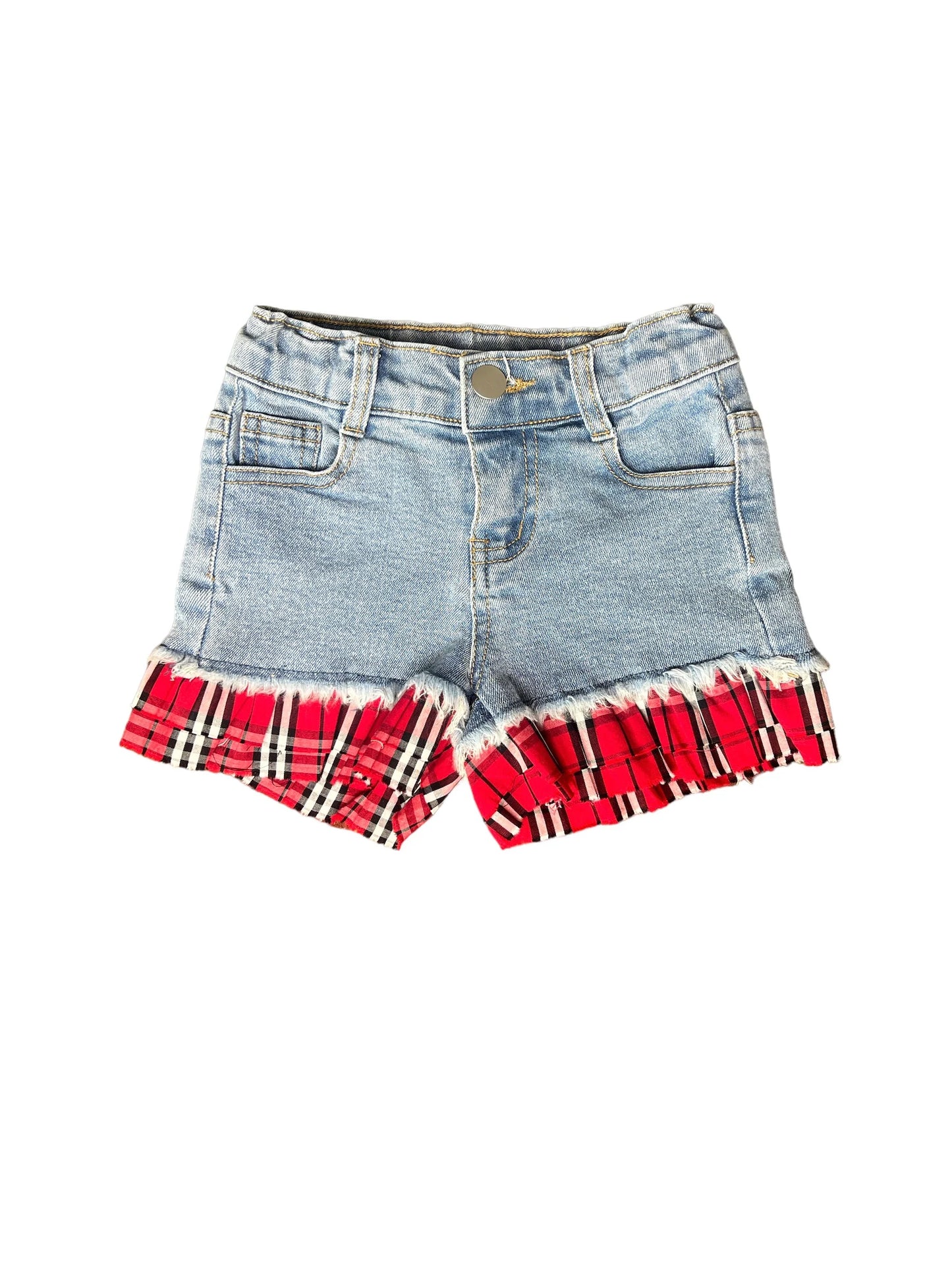 Denim Shorts w/ Plaid Ruffle by Shea Baby