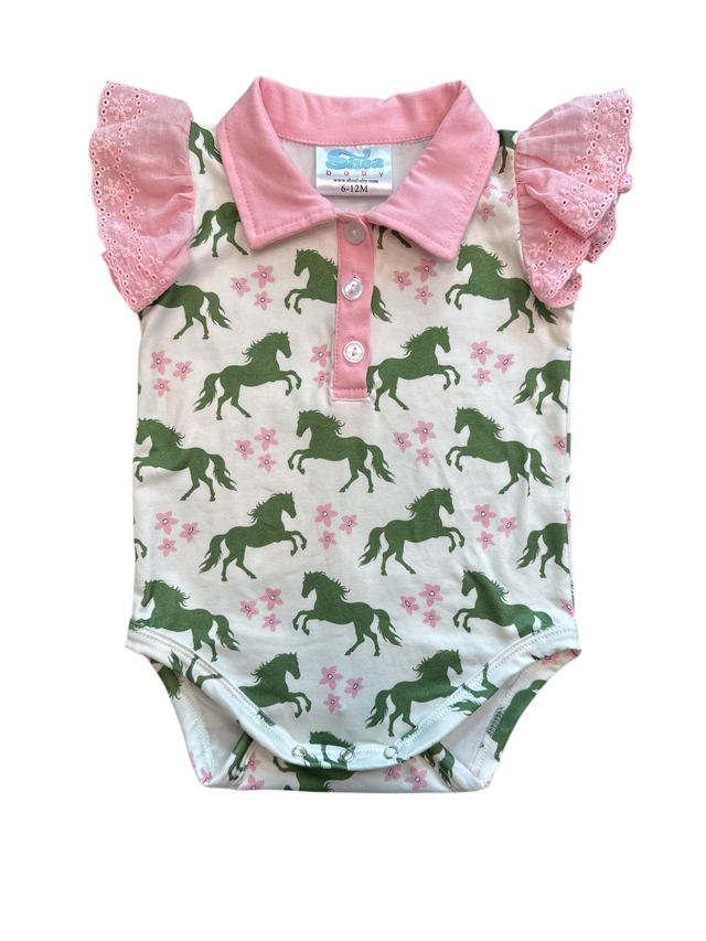 Girls Green & Pink Horse Polo Onesie by Shea Baby