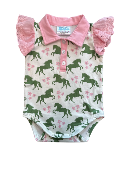 Girls Green & Pink Horse Polo Onesie by Shea Baby