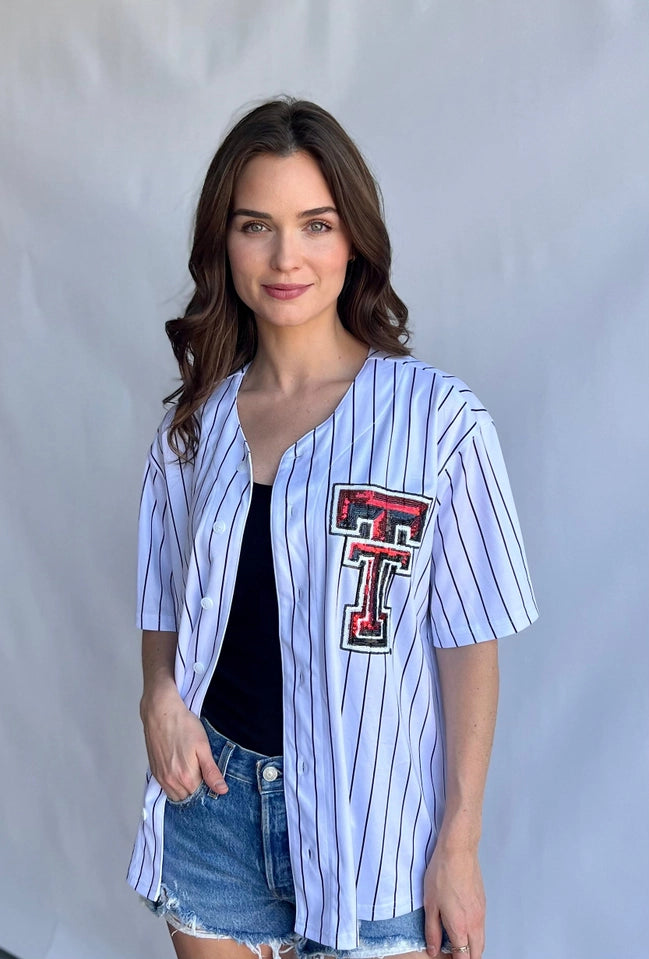 Ladies Pinstripe Texas Tech Baseball Uniform Top