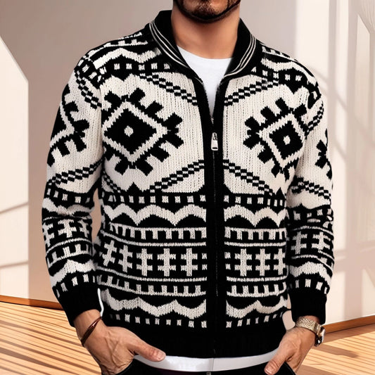 Men's Jacquard Knit Cardigan Casual Long Sleeve Jacket-Black
