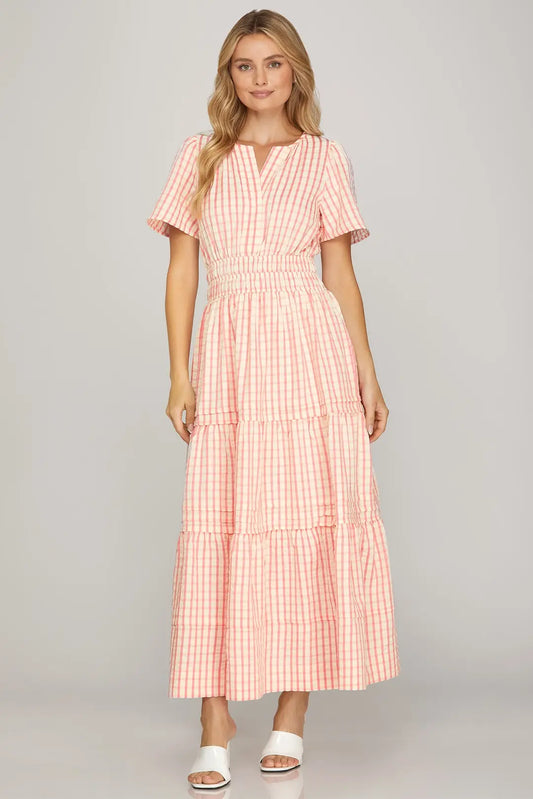 Ladies Short Sleeve Pintuck Plaid Maxi Dress-Pink