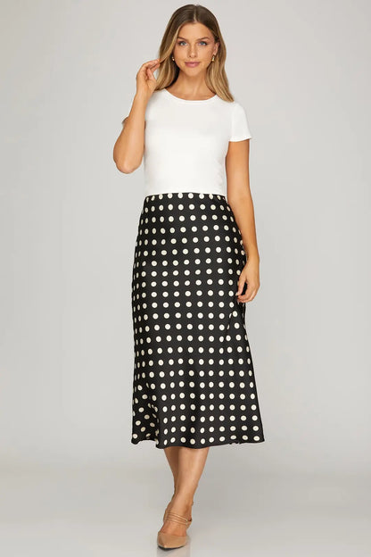 Ladies Woven Polka Dot Print Midi Skirt - Black