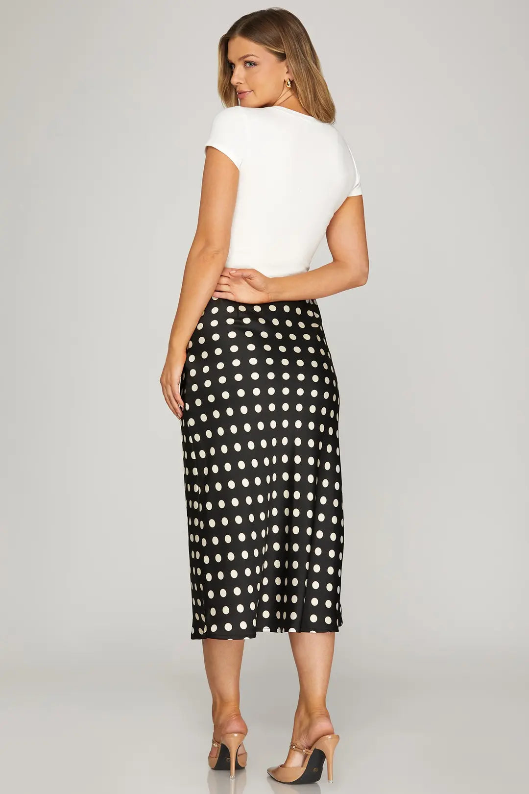 Ladies Woven Polka Dot Print Midi Skirt - Black