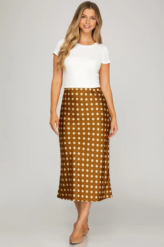 Ladies Woven Polka Dot Print Midi Skirt - Brown