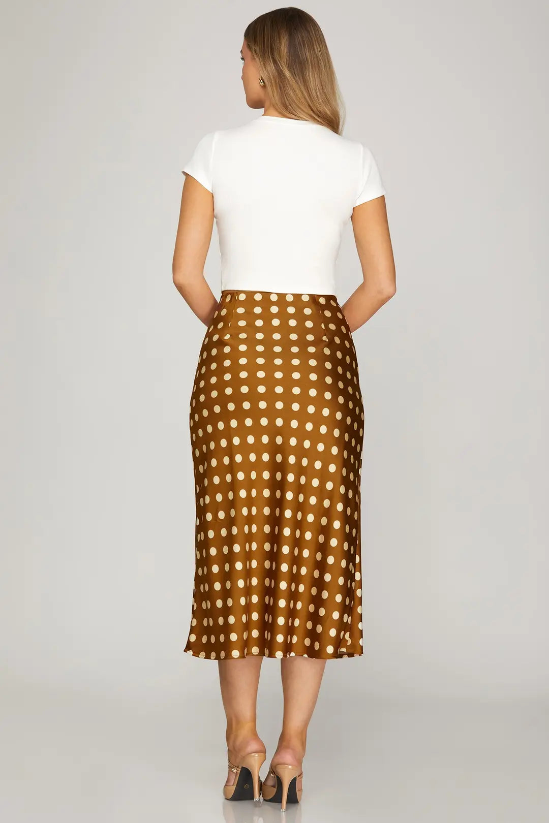 Ladies Woven Polka Dot Print Midi Skirt - Brown