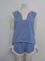 Ladies Drop Shoulder Striped Top and Shorts-Navy