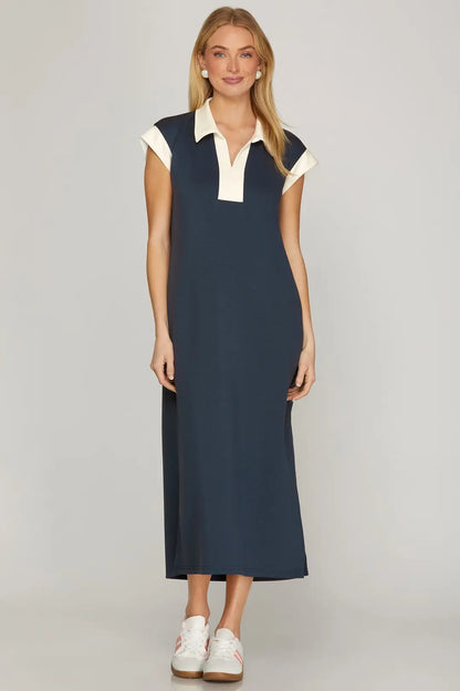Ladies Drop Shoulder Midi Dress - Navy